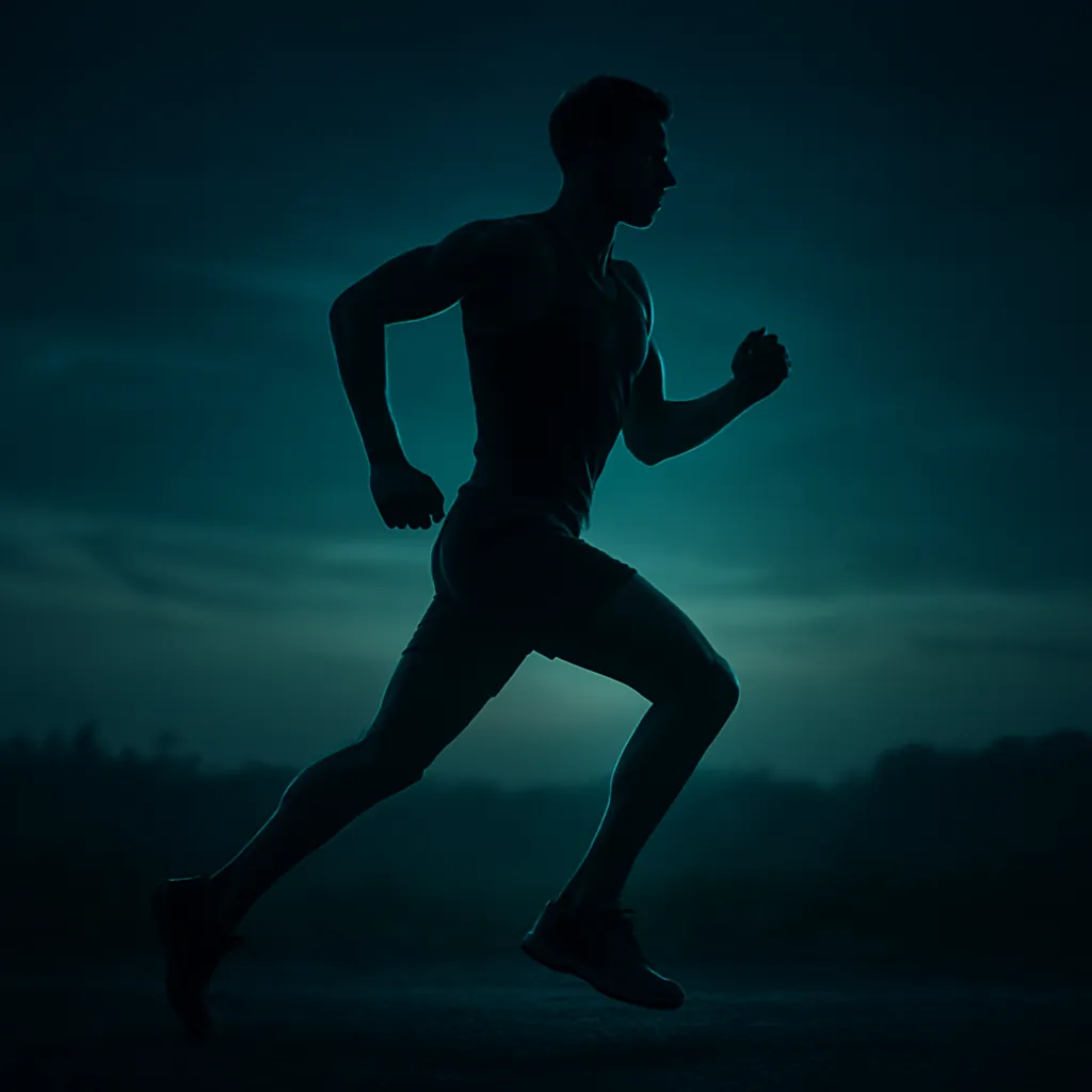 Atleta em movimento ao amanhecer sob luz azul, representando foco e clareza